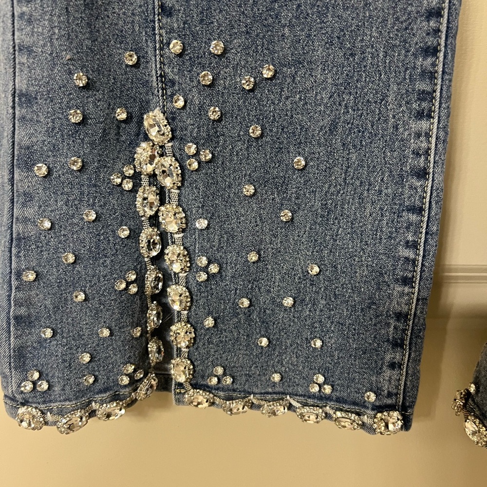 A.Z.I Blue Jewel & Rhinestone Embellished Flare Front Slit Jeans - 12 - Picture 6 of 11
